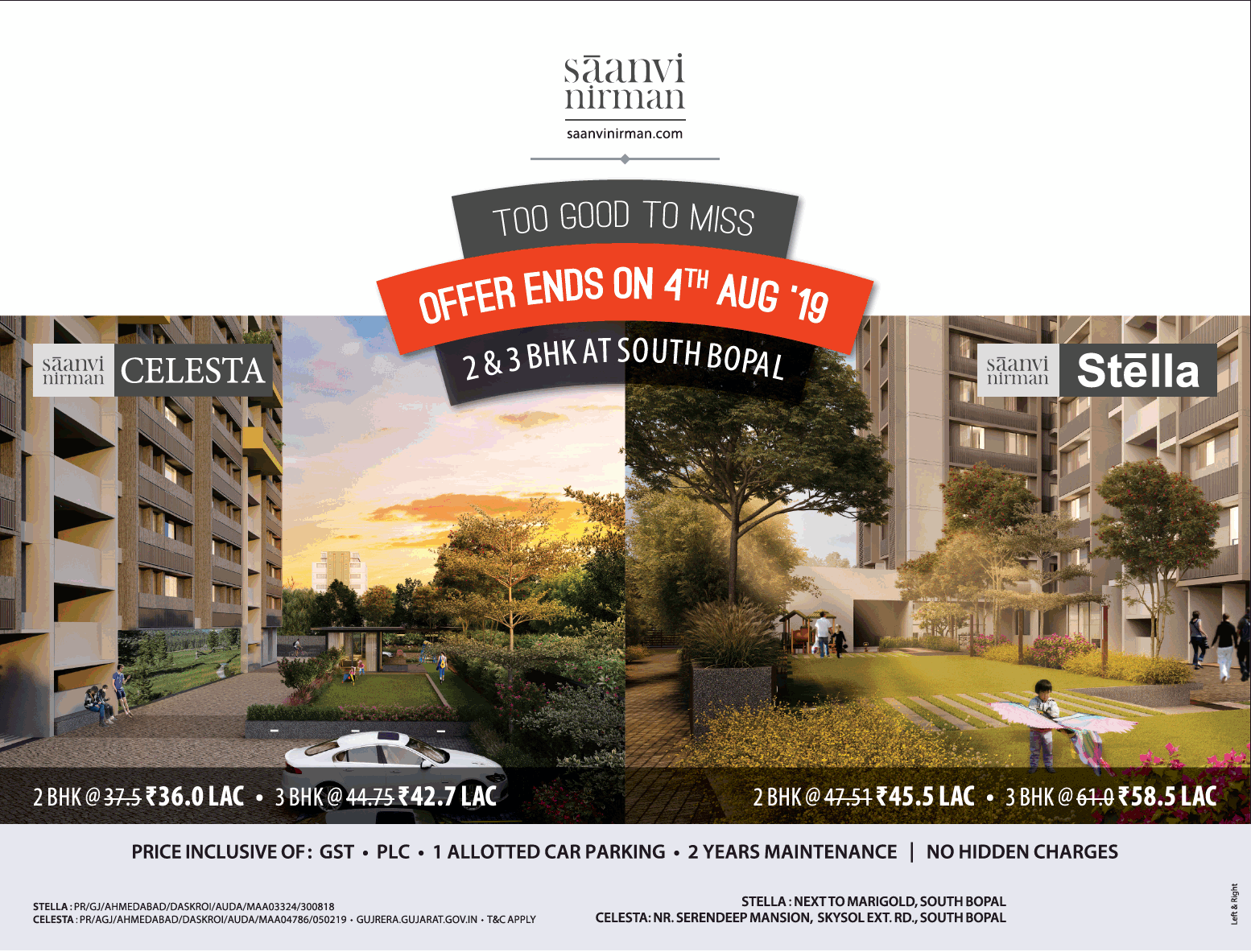 Saanvi Nirman offer ends on 4th Aug 19, 2 & 3 BHK at South Bhopal, Ahmedabad Update